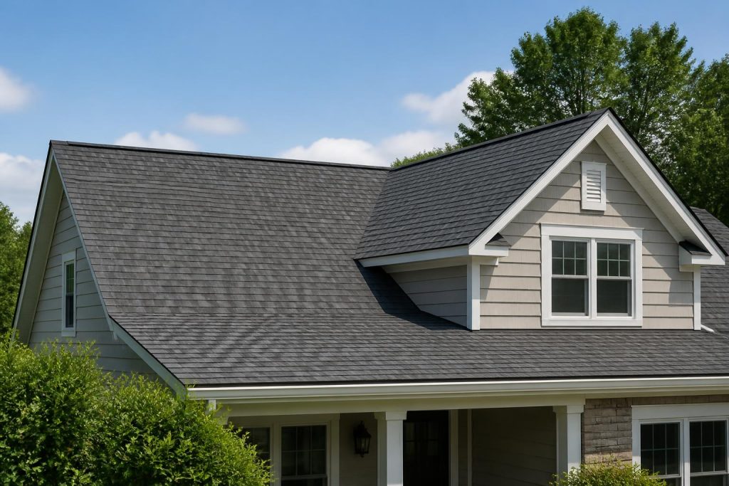 Freshly repaired roof with clean shingle lines in natural light